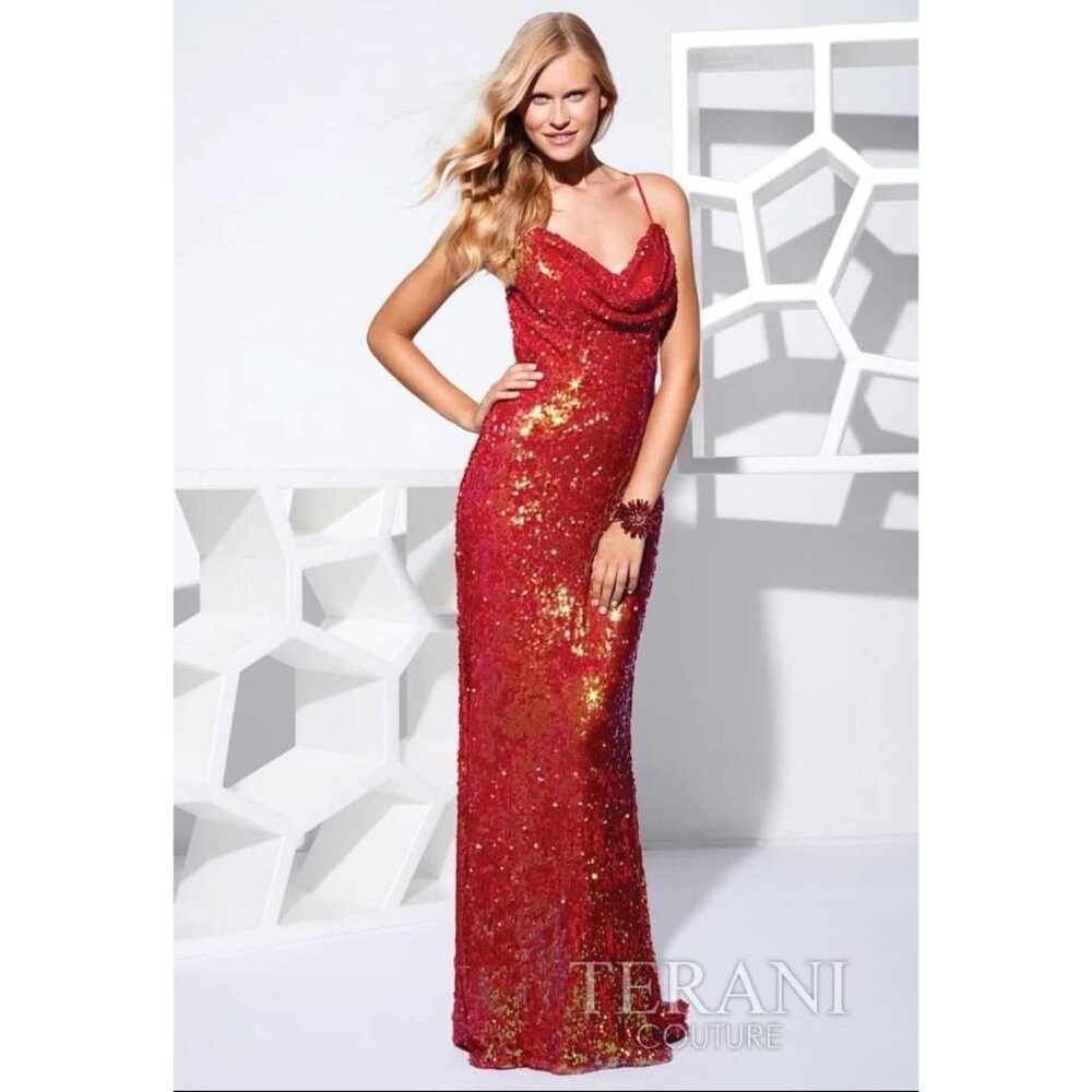 Terani Couture Red Sequin Iridescent Prom Pageant Formal Dress Size 4